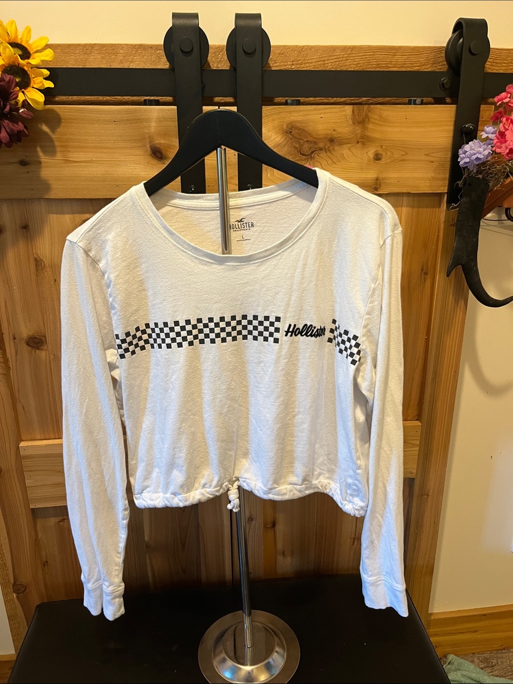 Hollister White Cropped Long-Sleeve Tee with Black Checker Accent
